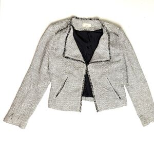 Loft  Gray Tweed Open Front Jacket Blazer with Fringe Hem Size 4
